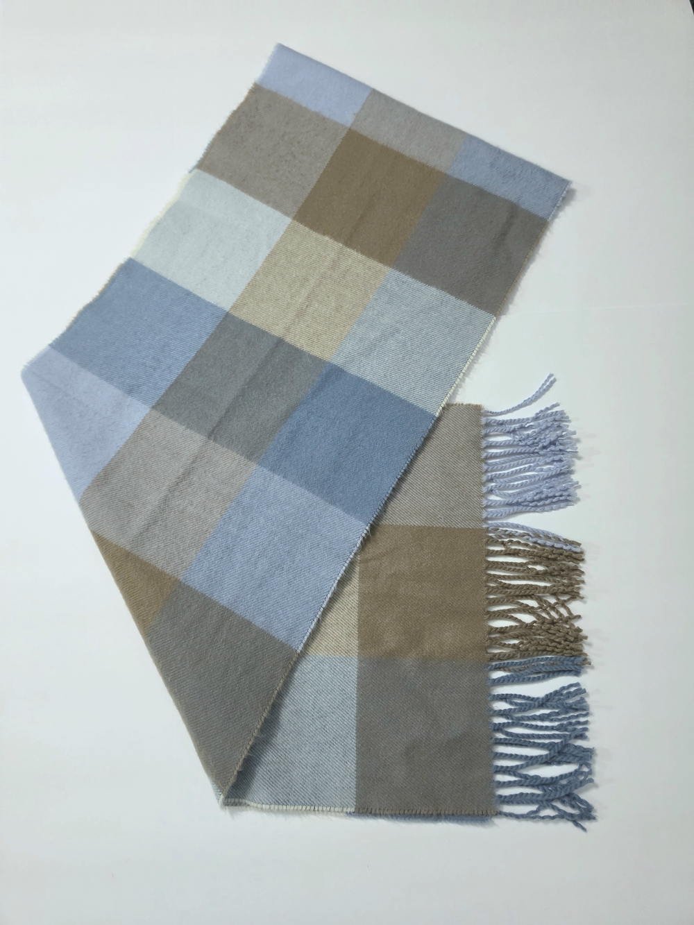 Super Soft Blue and Taupe Plaid Fringe Scarf - Cashmere Feel